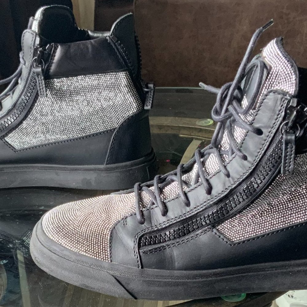 Giuseppe Zanotti Black Leather and Crystal Embellished High Top Sneakers size 44